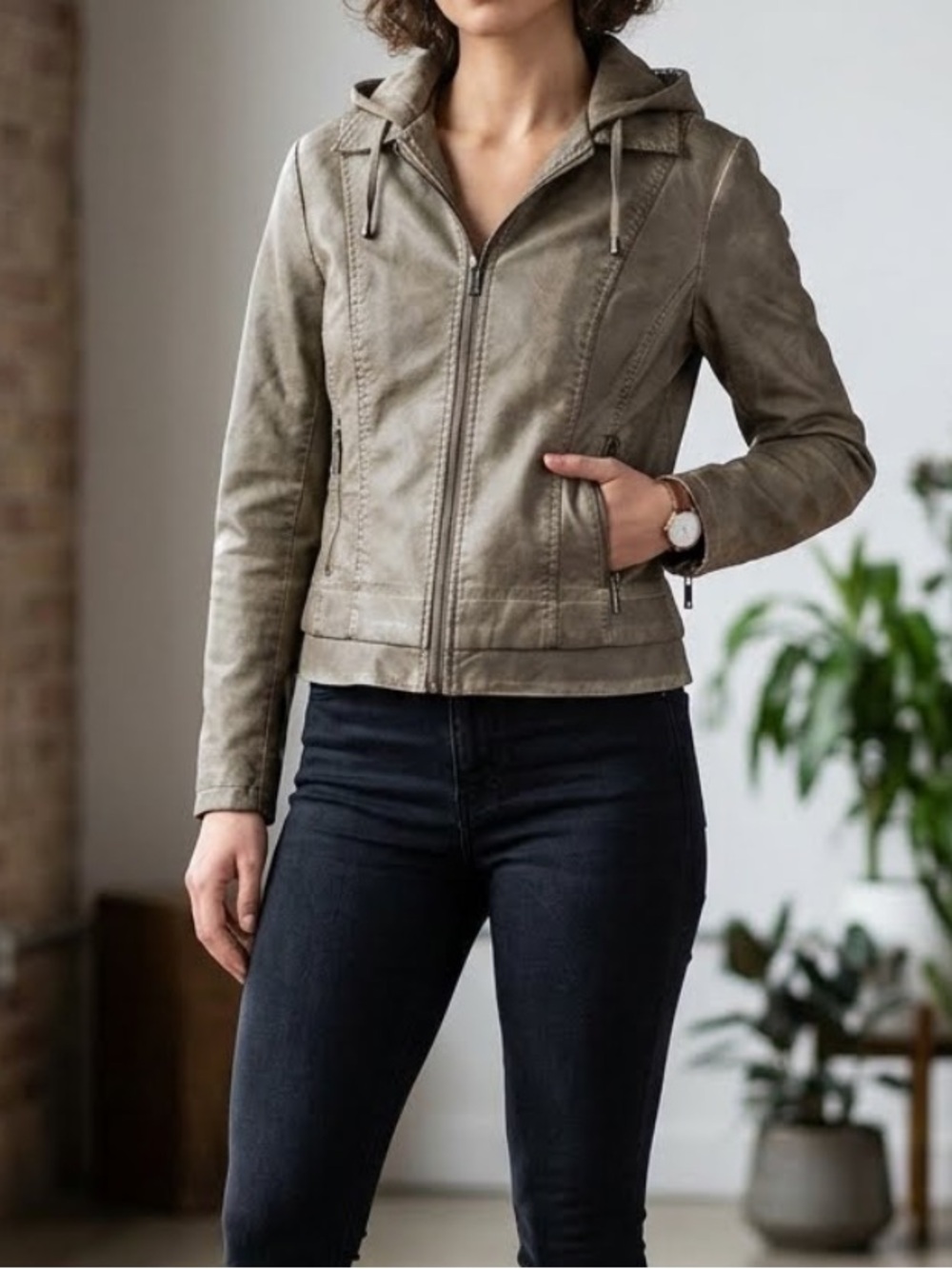 COLLECTION B Vegan Leather Moto Jacket Distressed Hooded Large
